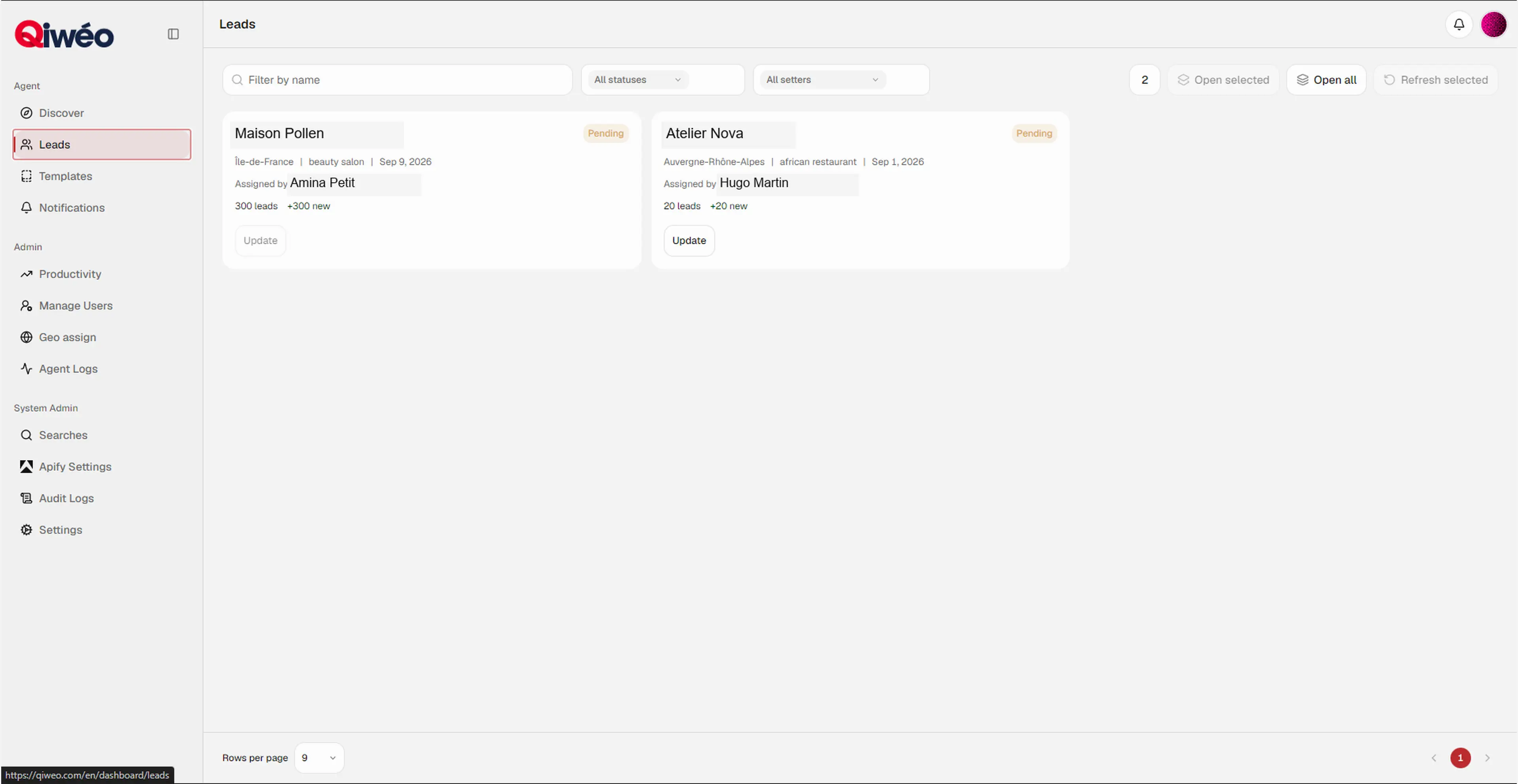 Capture Qiwéo des leads avec deux recherches et leurs agents assignés